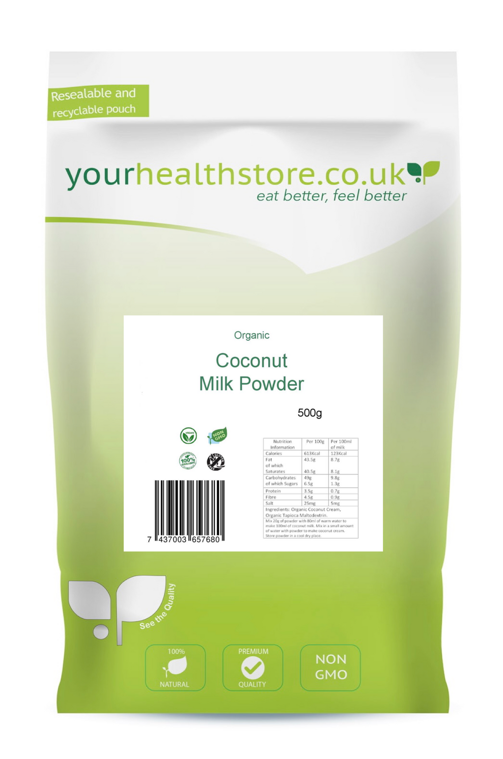 yourhealthstore Vegan Coconut Milk Powder 500g, No Added Glucose Syrup, No Added Thickeners, Dairy Free, Gluten Free, Made in Sri Lanka, (Recyclable Pouch)