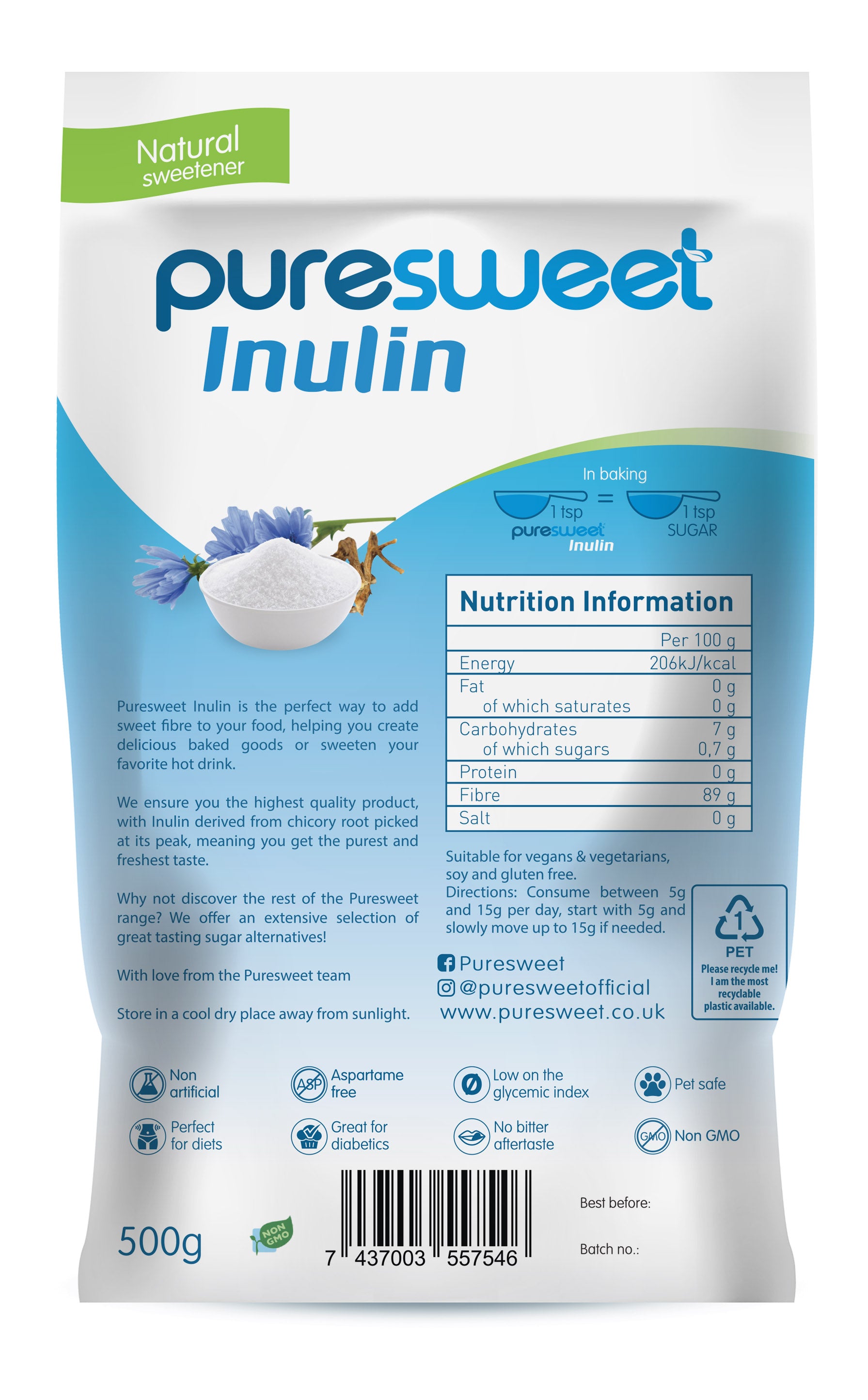 Puresweet Premium Grade Inulin 500g, high soluble Inulin Powder
