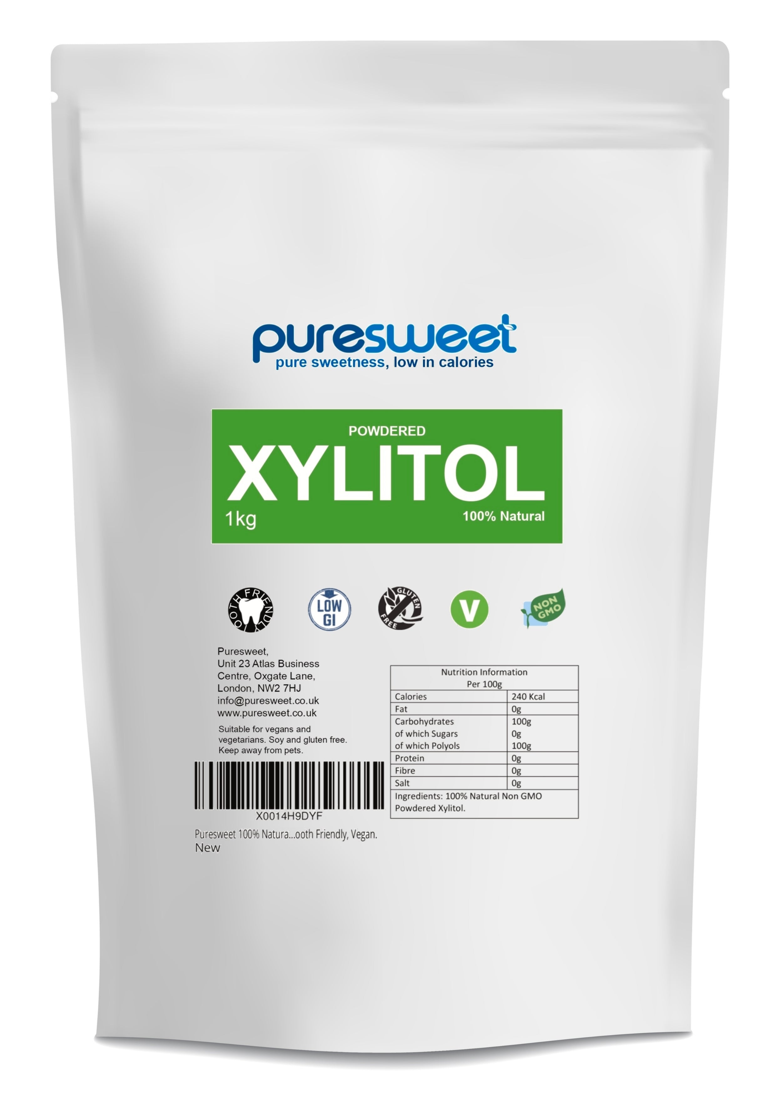 Puresweet Powdered Xylitol 1kg, 100% Natural, Tooth Friendly, Vegan, Non GMO.