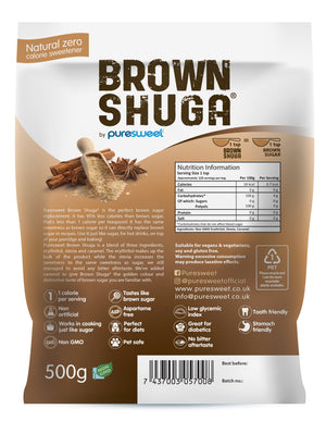 Puresweet Brown Shuga® 100% Natural Brown Sugar alternative 500g, No bitter aftertaste, Diabetic Friendly, Tooth Friendly, Vegan, Non GMO.