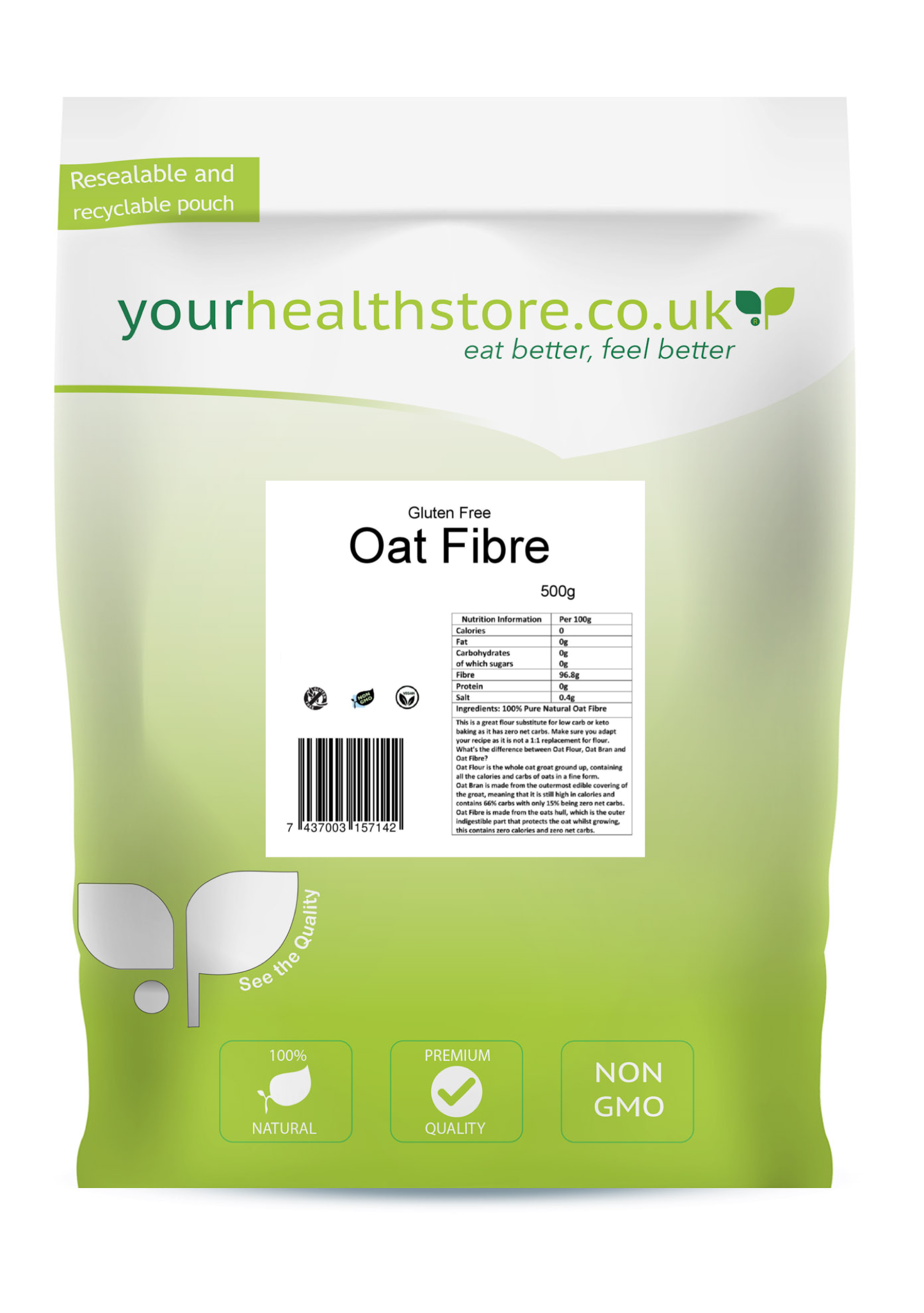 yourhealthstore Premium Oat Fibre 500g (1.1lb), Extra Light and Fluffy, Great for Keto King Bread, Vegan, Produced in The EU, (Recyclable Pouch)