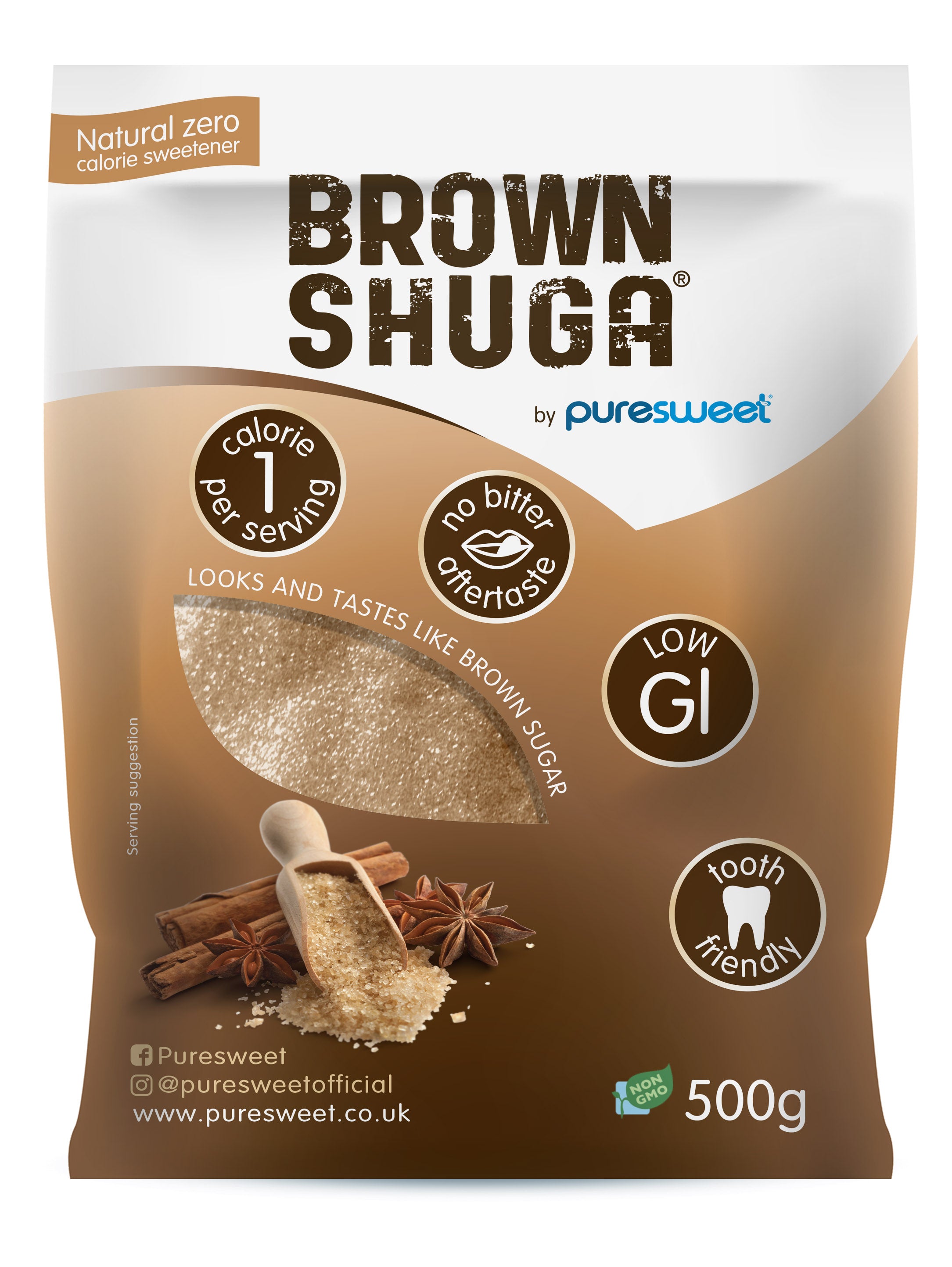 Puresweet Brown Shuga® 100% Natural Brown Sugar alternative 500g, No bitter aftertaste, Diabetic Friendly, Tooth Friendly, Vegan, Non GMO.