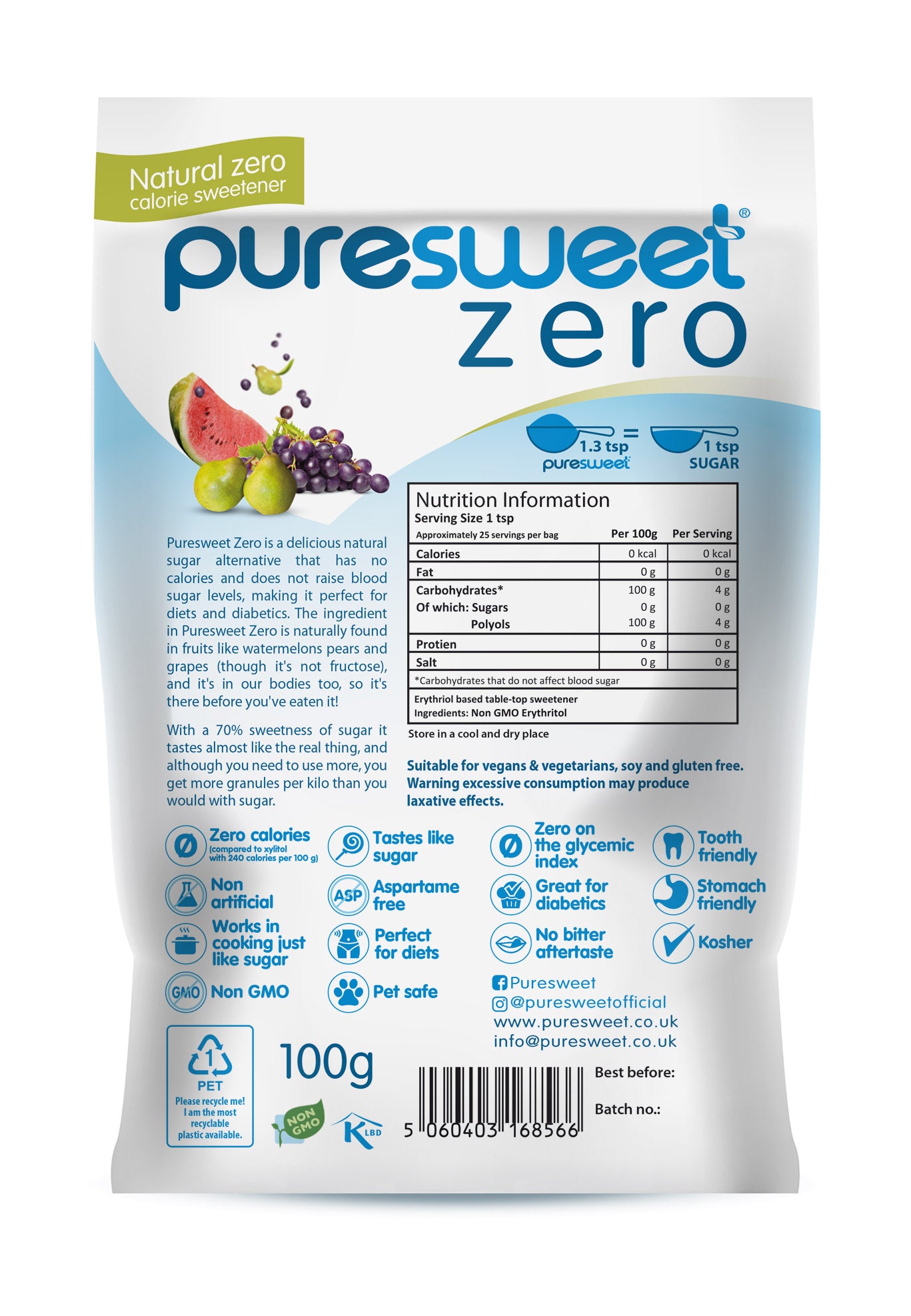 Puresweet Zero® 100% Natural Zero Calorie Sweetener 1kg, No bitter aftertaste, Diabetic Friendly, Tooth Friendly, Vegan, Non GMO.